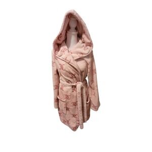 Juicy Couture Plush Short Bath Robe Front Pockets/Hooded Logo Cozy Lounge Wear